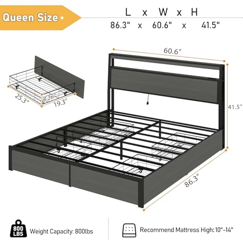 Image of Queen Bed Frame with 4 Storage Drawers, Queen Size Bed Frame, Rustic Grey | LED Light, Charging Station, Wood Headboard, Metal Platform, No Box Spring Needed, Noise Free, Easy Assembly