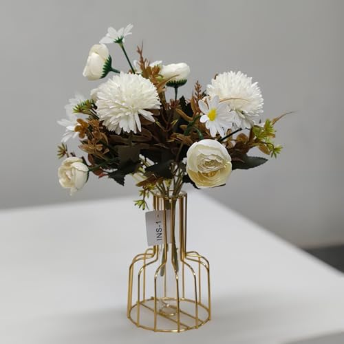 Image of CURATED CART Artificial Flowers Bunch - Set of 2 with 9 Mixed Flower Heads Each - Roses, Daisies & Chrysanthemums - Faux Flowers for Vases, Home Decor, Office, Parties (White) (No Vase)