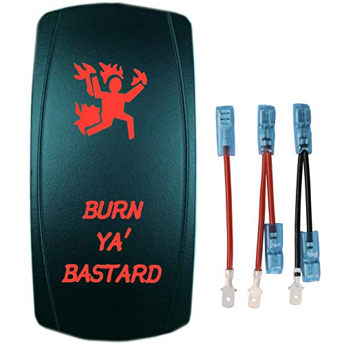 QUNQI STAR 5 pin Laser Backlit Rocker Switch Rock Lights 20A 12V On/Off LED Light Toggle Switch with Jumper Wires Set（Burn YA' Bastard,Red）
