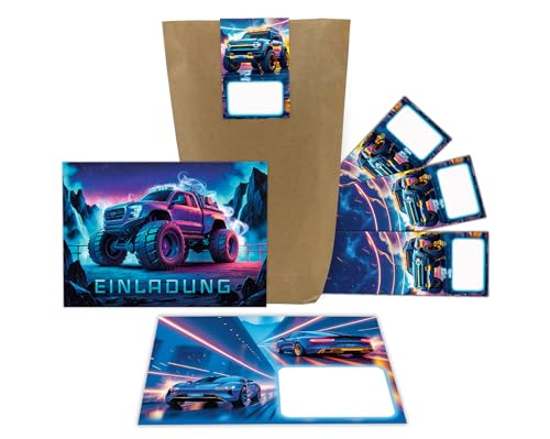 JuNa-Experten 12 tarjetas de invitación para cumpleaños infantiles, diseño de camión monstruo, coche, coloridas, invitaciones de cumpleaños, invitaciones de cumpleaños para niños, incluye 12 sobres
