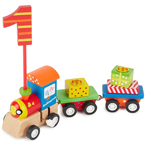 Bieco Holz Geburtstagszug mit Zahlen 0-6 | Selbstfahrend | Aufziehspielzeug, Länge ca. 20 cm | Kerzen Geburtstagszug | Holz Eisenbahn Kinder Geburtstagszug Holz | Geburtstagskerzen Zahlen Holz-Zug Cover