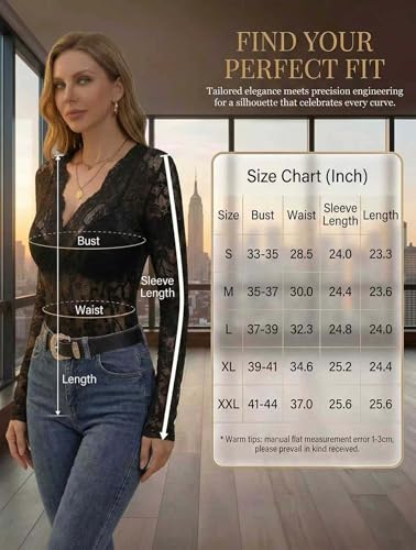 METWAY Women's Lace Long Sleeve Top Sheer Floral Lace Shirt Elegant Crew Neck Sexy Undershirt Blouse Mesh Going Out Trendy (Crew Black,XL) — view 4