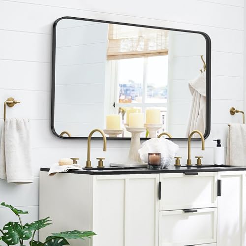 Image of NEWBULIG 30X40 Inch Bathroom Wall Mirror, Vanity Bathroom Mirrors for Over Sink Tempered Glass, Anti-Rust Metal Framed Rounded Rectangle, Hangs Horizontally or Vertically, Farmhouse Home Decor, Black