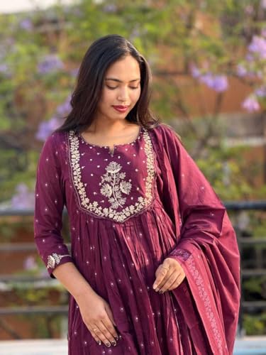 Image of AK TEWANIWomen's Cotton Embroidery Anarkali Kurti and Pant with Dupatta Set