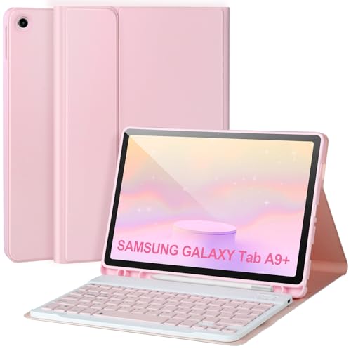 Keyboard Case for Samsung Galaxy Tab A9+/Plus 11’’ 2023(SM-X210/X216/X218),Case with Keyboard for Samsung Tab A9+ with S Pen Holder,Detachable Bluetooth Keyboard for Galaxy A9 Auto Wake/Sleep,Pink