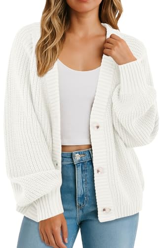 GRECERELLE Women's Cardigans Soft Long Sleeves Jumpers Ladies Knit V Neck Oversized Sweater Loose Chunky Cardigan with Buttons for Women UK,Autumn,Winter, Spring (White, L)