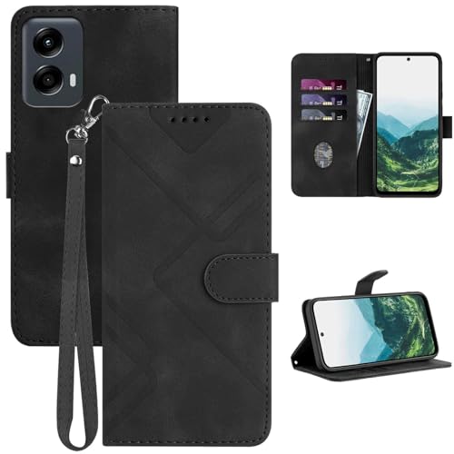 JHWVVTF for Moto G 5G 2024 Case Wallet/for Moto G Play 5G 2024 Phone Case,Card Holder Leather Kick-stand,Wrist Strap,Magnetic Closure,Shockproof Protective Flip Cases Cover (Black)