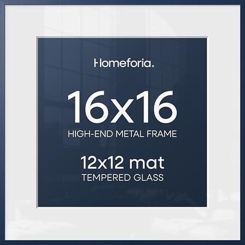 Image of Homeforia 16x16 Picture Frame Navy Blue, High End Metal 16 x 16 Square Poster Frame with Mat 12 x 12 Photo, 16x16 Frame Matted to 12x12 Print, 16by16 Hanging Frames, Tempered Glass, Wall Kit, Set of 1