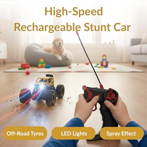 Image of Lilplay Monster Truck | Rechargeable Remote Control Car for Kids | Rock Crawler 5 Function 1:18 RC Car with Smoke | Offroad High Speed Rock Climbing Toys for Boys (Golden)