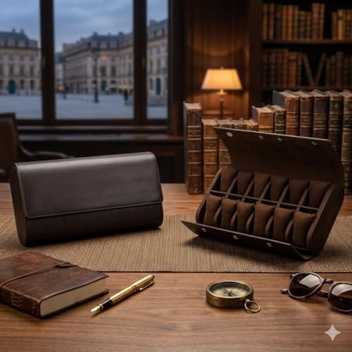 Image of essart 12-Slot Watch Roll Case - Luxury PU Leather Travel Watch Organizer for Men & Women | Portable Watch Storage Case | Scratch-Resistant & Protective