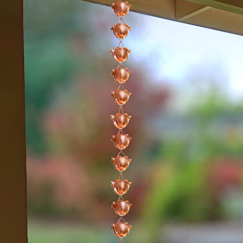 Monarch Rain Chains Pure Copper Lotus Rain Chain, 8.5 ft Decorative Rain Catcher Chain for Gutters, Large Rain Chains for Outside, Rain Gutter Replacement Downspout