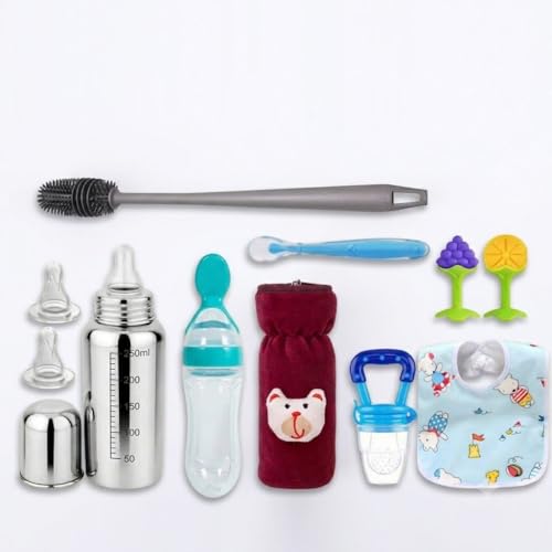 Image of Y.GOYAL&CO. Stainless Steel Baby Feeding Bottle 250ml with Silicone Nipples and Cleaning Brush, BPA Free, Anti Colic Valve, Wide Neck for Newborns Babies, Infants, and Toddlers (PK-9-RED)