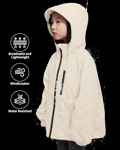 Image of Rolanko Girls Rain Jacket Lightweight Waterproof Hooded Kids Raincoat 6-16 | Kids Windbreaker, Water-Repellent, Sealed Zip Pockets, Reflective Strips, Extended Hood, Outdoor, School Daily, Travel