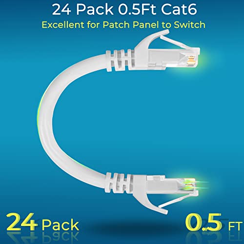 Rapink Patch Cables Cat6 0.5ft (24 Pack), Ethernet Patch Cable 10G Support, Cat 6 Patch Cable for Patch Panel to Switch, Flexiable Cat 6 Ethernet Cable with Gold Plated White