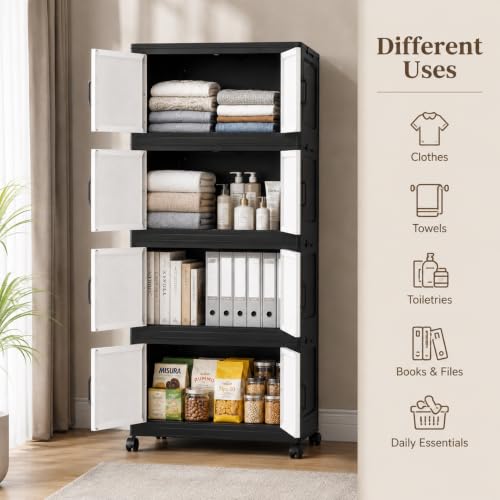 Image of KRISHYAM 4-Layer Plastic Storage Cabinet with 8 Doors & Wheels, Multipurpose Clothes Organizer, Modular Cupboard for Bedroom, Kids Room & Home, 140 x 66 x 38 cm, Black White