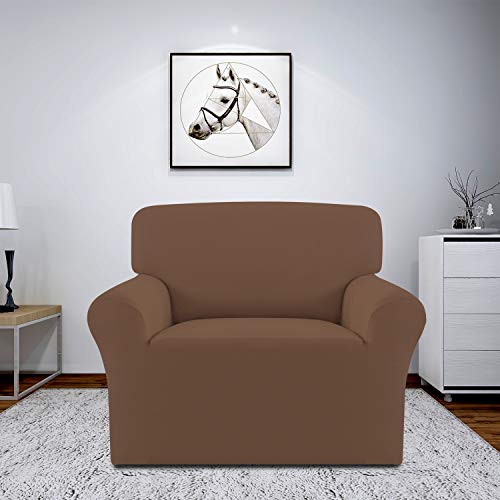 Image of Easy-Going Fleece Stretch Sofa Slipcover Spandex Non-Slip Soft Couch Sofa Cover, Washable Furniture Protector with Anti-Skid Foam and Elastic Bottom for Kids, Pets(Chair, Brown)