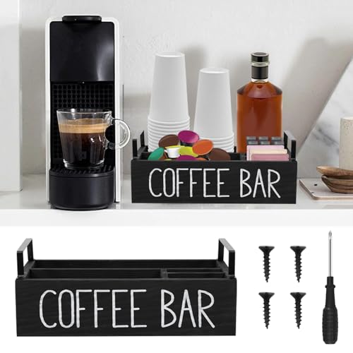 PandaHug Coffee Bar Organiser Tea Bar 4 Compartments Cafes Accessories Organizer with 2 Handles Wood Coffee Pods Holder Storage Basket Versatile Cup Organizer Station for Countertop Cafes Decor