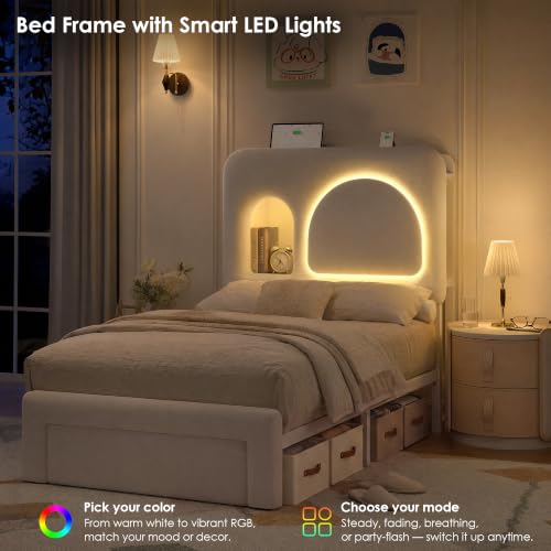 Image of Twin Bed Frame for Girls with Storage Headboard & Charging Station, Beige