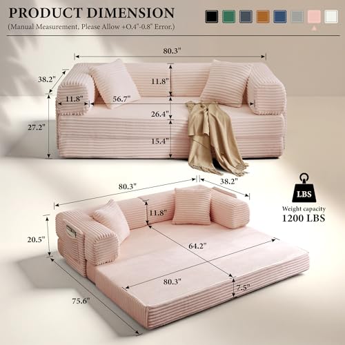 Image of Boneless Couch Futon Sofa Bed Sectional Couches for Living Room,Cloud Couch with Sleeper Sofa,Sofas for Living Room Oversized Corduroy Upholstered (Pink, 81 Inches (with Iron Frame))