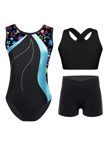 [renvena] 3pcs Kids Girls Gymnastics Outfit Sparkly Rhinestones Sleeveless Leotard With Cross Back Vest And Shorts Set VA 8
