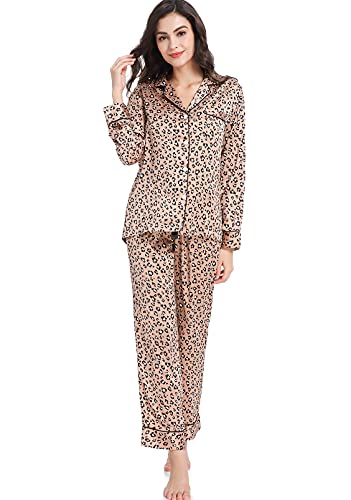 Image of Serenedelicacy Women's Satin Pajama Set Long Sleeve Button Down Sleepwear 2-Piece Silky Pj Set
