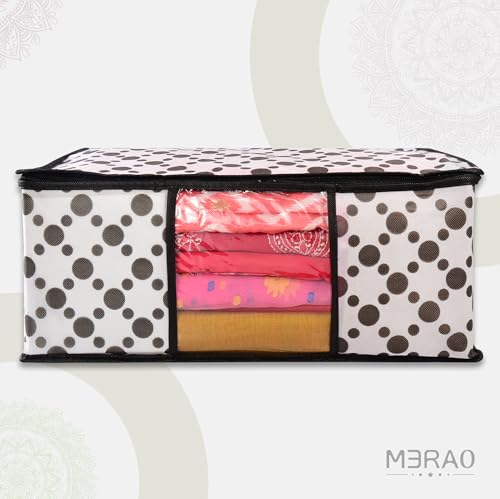 Image of Non-Woven Saree Covers with Zipper & Transparent Window | Clothes Storage Bags for Wardrobe Organization | White Dustproof Garment Storage box with Black Dot for Sarees and Clothes (Pack of 8)