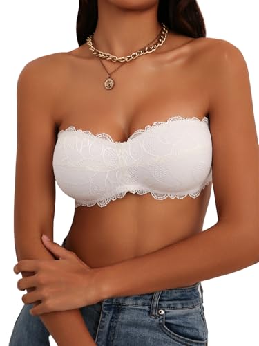 Luna & Sun Women's Strapless Lace Bandeau Padded Tube Top Bralette, with Back Hook and Eye Closure