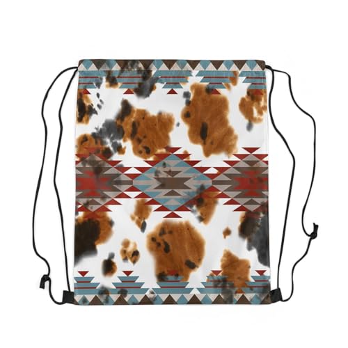 jejeloiu Western Boho Drawstring Backpack Cow Fur Print Sports Drawstring Sackpack Southwestern Drawstring Bags Boho Aztec Waterproof Cinch Bag 13