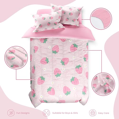 Image of SANDJEST Strawberry Comforter Set Twin Size 68x86in for Kids Girls, Microfiber 3 Pcs Bedding Set Includes 1 Comforter, 1 Pillowcase, 1 Fitted Sheet, Nursery Room Decor