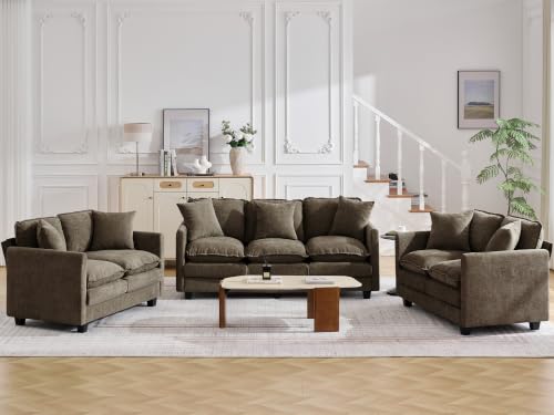Image of Cloud 3 Pieces Sofa Set, 2+2+3 Seater Couch, Modern Sofas Sets with Deep Seat, Modular Sectional Couches Sets for Living Room, Bedroom, Small Apartment, Brown
