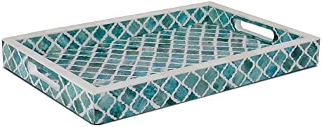 Handicrafts Home Moorish Moroccan Pattern Inspired Trays Ideal Ottoman Tray Multipurpose Bone Inlay Serving Tray or Simply Use as a Decorative Trays 11x17 Inches, Green White, Gifts for Mom