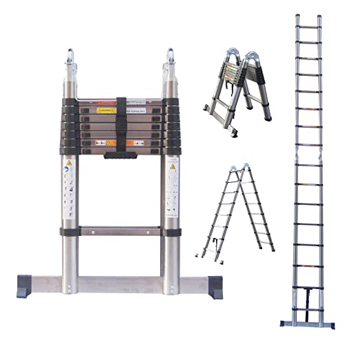 Telescoping Ladder A-Frame Multi-Purpose Stainless Steel Extension Ladder, 2 In 1 Collapsible Ladders For Home- As 16.4Ft Straight Ladder + Herringbone Ladder, 330Lb Capacity, For Roof, Ceiling, Attic #TOP7