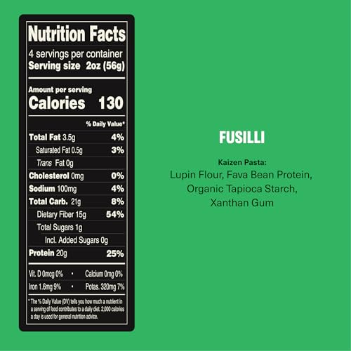 مكرونة فوسيلي منخفضة الكربوهيدرات من كايزن فود كومباني، عالية البروتين (20 غرام)، خالية من الغلوتين، صديقة للكيتو (6 غرام صافي)، نودلز لوبيني نباتية مصنوعة من دقيق الترمس عالي الفايبر - 8 اونصة (عبوة من 3 قطع)