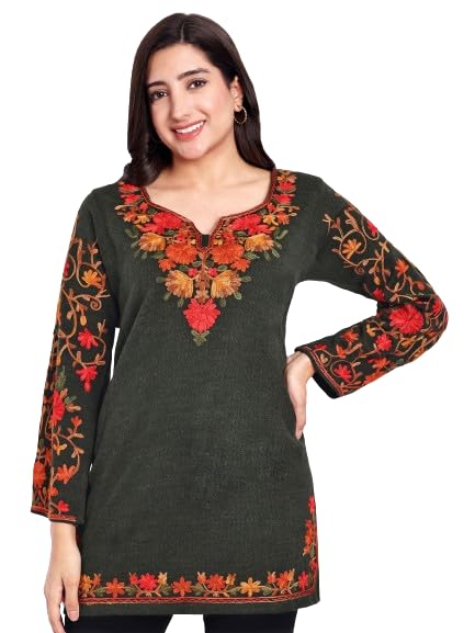 Image of HAUTEMODA Women Woollen Short Kashmiri Embroidery Phiran Kurta