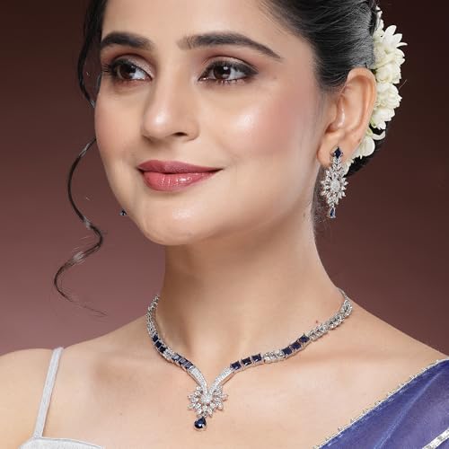 Image of ZENEME Rhodium Plated Brass Silver Toned Floral & Tear Drop Blue Crystal American Diamond Necklace With Earring Jewellery Set For Women