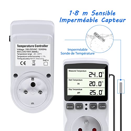 Gobesty Prise Thermostat, Regulateur Température Numérique, Prise Programmable Digitale avec Sonde, Minuterie Numérique Programmable, Prise Thermostat chauffage pour Serre, Aquarium - Image 6