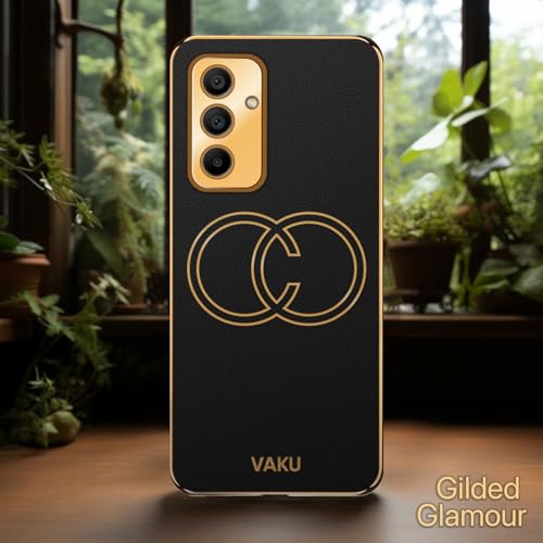 Image of Vaku Luxos Skylar Back Cover for Samsung Galaxy M34 5G with Leather Pattern Gold Electroplated Soft TPU Cover Shockproof Protective Case- Black