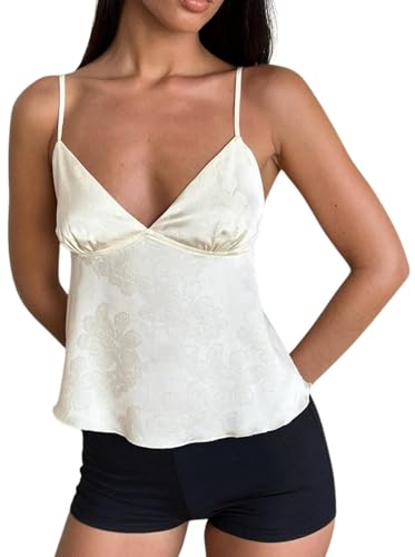 Women Satin Jacquard Top Floral V Neck Spaghetti Strap Crop Cami Cute Flowy Babydoll Tank Top Silk Going Out Shirt (Satin White S)