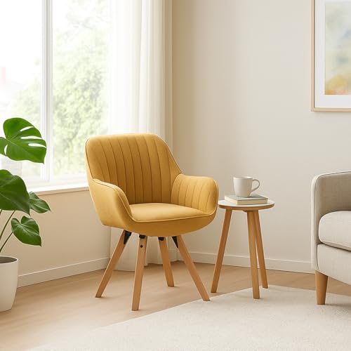FURNISH 1 Fauteuil en Tissu Jaune avec Structure métallique, Pieds en Bois de hêtre et Pivot à...