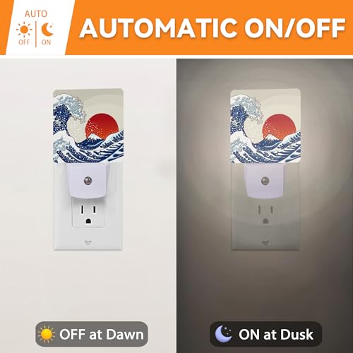 Image of Great Japanese Wave Night Lights Plug into WallRed Sun Decorative Night Light Dusk to Dawn LED Lamp for Bedroom Bathroom Living Room