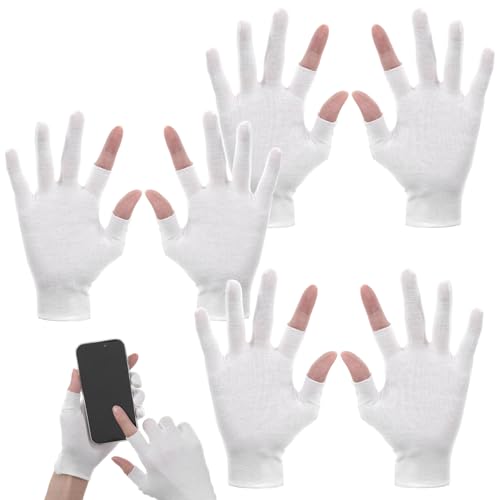 3 Pairs White Cotton Moisturizing Gloves, Touchscreen-Friendly Gloves, Fingerless Glove for Fishing, Sport, Running, Biking, Driving, Golf, Garden, Rowing and Billiards (2 Open Fingertips Per Glove)