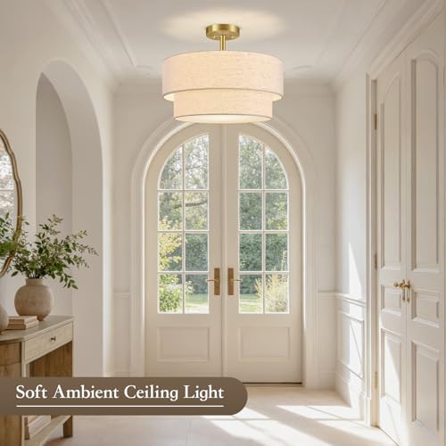 AUQUEE 16.5" Semi Flush Mount Ceiling Light, 3-Light Gold Ceiling Light Fixture with Linen Fabric Shade, Double Drum Modern Close to Ceiling Light for Bedroom, Hallway, Kitchen, Entryway, Dining Room by AUQUEE - Used condition - Image 6
