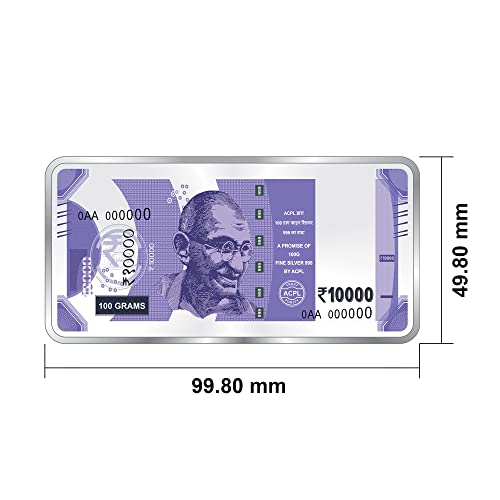 Image of ACPL Precious Moments BIS Hallmarked 100 Gram Silver Currency Bar Rs.10000 999 Pure