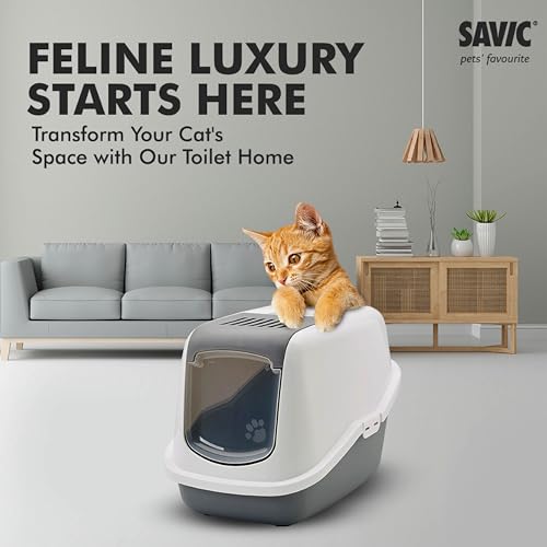 Image of Savic Nestor Covered Cat Litter Box for Indoor Cats, Enclosed Hooded Cat Toilet Home with Flip-Up Door, Odor Control & Easy Cleaning Design - Cold Grey, 22x15x15 Inch