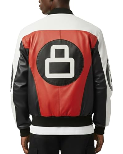 EASTIFIED Mens 8 Ball Pool Billiard Bomber Lightweight Casual Stylish Fashion 80s 90s Retro Zip Up Faux Leather Jacket (X-Large, Red Black White)
