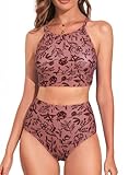 Herseas Womens Pink Bikini Sets High Round Neck Tropical Leaf Print High Waisted Two Pieces Swimsuits Crop Padded Top Modest Bottom Bathing Suits Medium