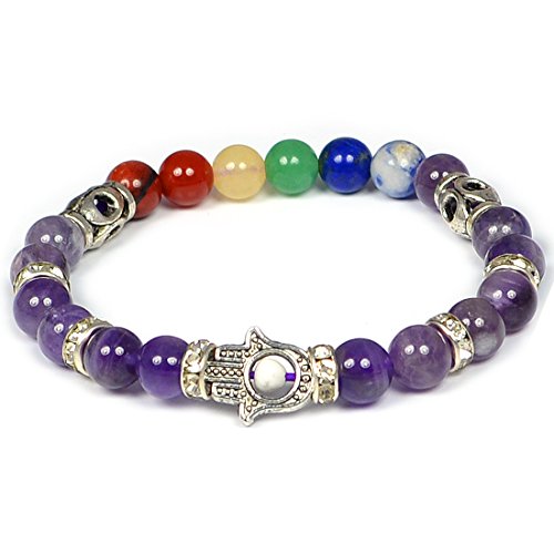 Image of Reiki Crystal Products Certified Natural Crystal Stone 7 Chakra with Hamsa 8 mm Round Beads Bracelet for Men & Women | Reiki Charged Gemstone Bracelet | Multiple Stone Variants Available