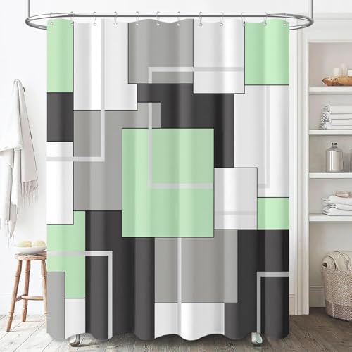 BTTN Narrow Geometric Shower Curtain - 36 x 72 Inch Small Stall Fabric Shower Curtain Set with 6 Plastic Hook, Modern Decorative Aesthetic Simple Abstract Shower Curtains for Bathroom - Mint Green by BTTN - Used condition - US$11.57