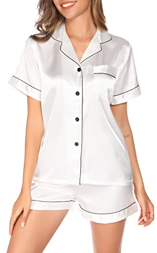 Image of Vlazom Womens Silk Pajamas, Short Sleeve Satin 2 Piece Pj Sets Button-Down Sleepwear Loungewear Pjs Shorts Set S-XXL