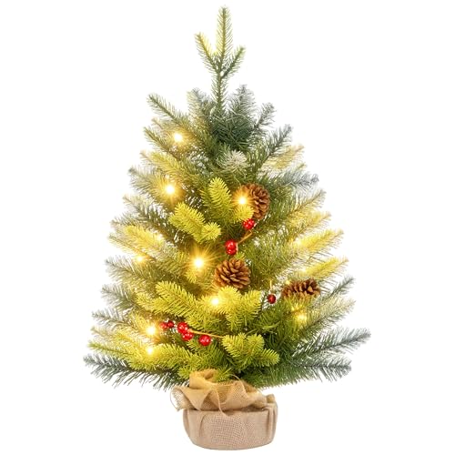 HOMCOM Árvore de Natal 60 cm árvore de Natal artificial mesa com 20 luzes LED 141 ramos 5 ananás 5 ramos de bagas vermelhas e suporte de metal árvore de Natal para interior verde